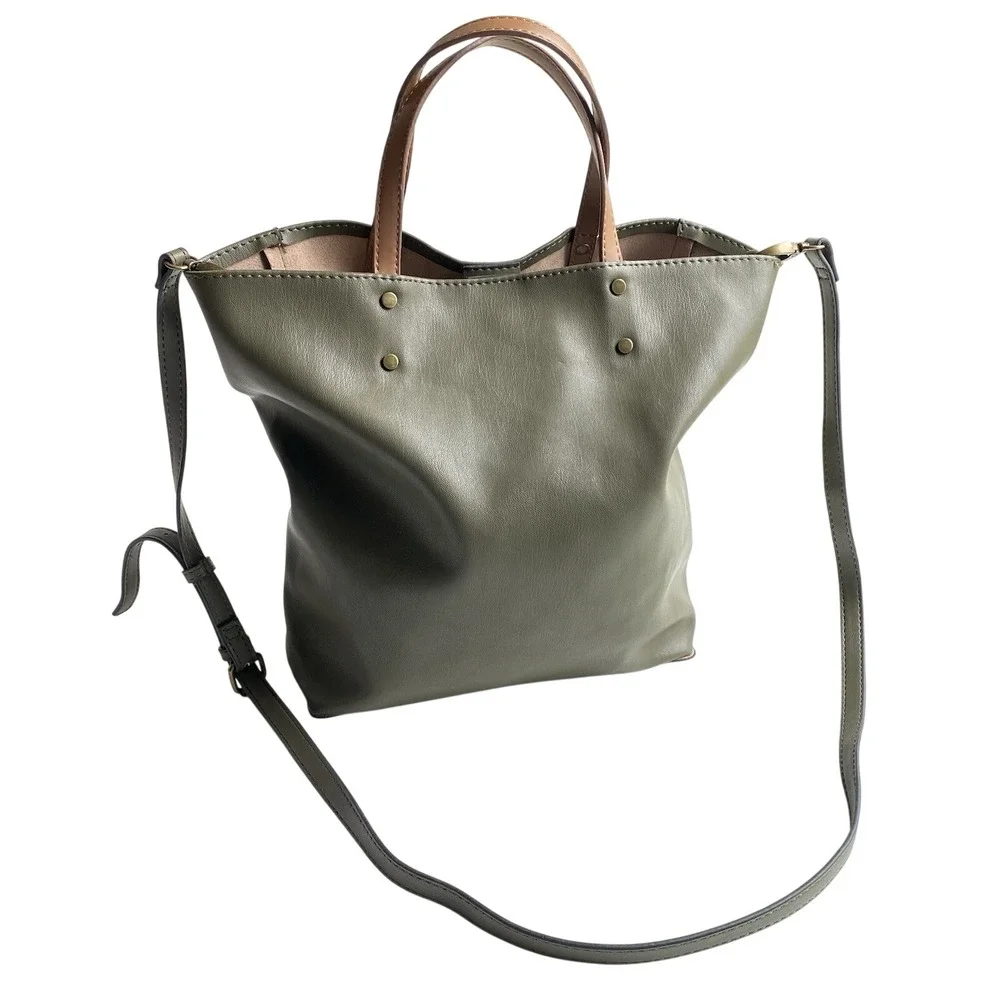 Olive Green Faux‎ Leather Tote Handbag Brown Handles Matching Shoulder Strap